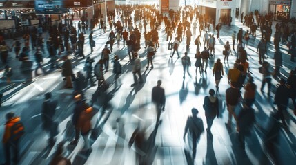 A bustling crowd of people walking around a convention hall at a tech conference or expo hyper realistic 