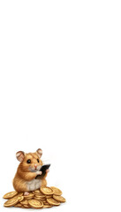 Fototapeta premium Illustration of a hamster sitting among coins with a telephone. Hamster Kombat game for cryptocurrency mining, concept of making money on the Internet