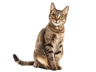 Full body shot of Aegean cat, sitting,  looking around curiously.