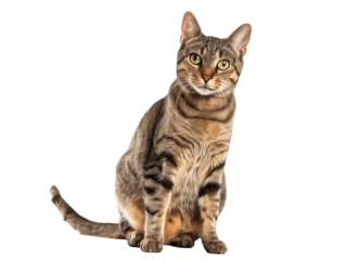 Full body shot of Aegean cat, sitting,  looking around curiously.