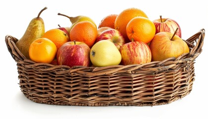 Basket of freshly picked apples, oranges, and pears, isolated on white background, detailed and high resolution, farm-fresh concept