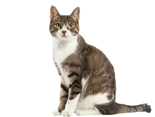 Full body shot of Aegean cat, sitting,  looking around curiously.