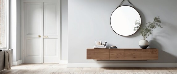 Minimalist interior design with a floating wooden cabinet, round mirror, and a vase with plant. Ideal for modern living spaces emphasizing elegance and simplicity.