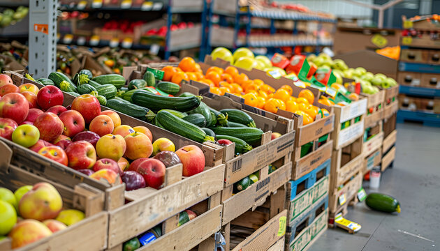 Stand of boxes full of fresh colorful fruits and vegetables in big grocery store