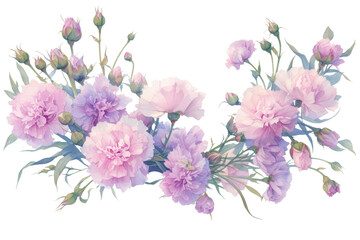 Fototapeta premium Beautiful watercolor illustration of pink and purple flowers arranged in a delicate bouquet, perfect for floral design and art projects.transparent, background