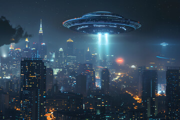 Mysterious UFO hovering over a cityscape at night with bright lights