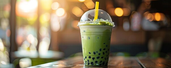 Close-up of a bubble tea cup with a dome lid, filled with matcha green tea and pearls, on a wooden table, minimalistic setting