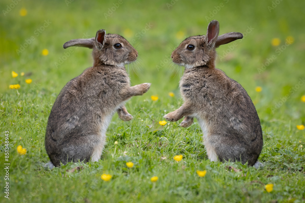 Poster Two rabbits sitting upright facing each other with front paws pointing. This is a composite image and both the photographs were taken by myself.