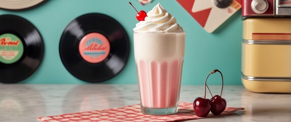 Retro milkshake with whipped cream and cherry garnish on pink checkered napkin, vinyl records, and vintage decor evoke a nostalgic 1950s diner vibe.