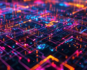 Obraz premium Vibrant and dynamic tech grid with bright neon highlights, perfect for modern digital backgrounds and futuristic concepts