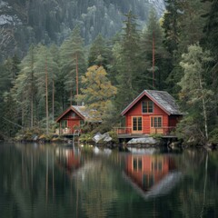 Fototapeta premium Serene Lakeside Cabin Retreat