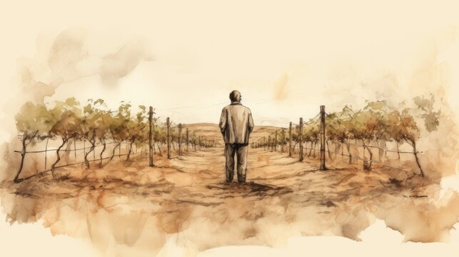 Depiction of Vineyard Lease Conflict, Wicked Tenants, Biblical Context, Beige Background,Christian banner