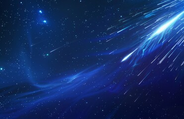 A background of dark blue with light rays, shooting stars and glow on the right side of the frame