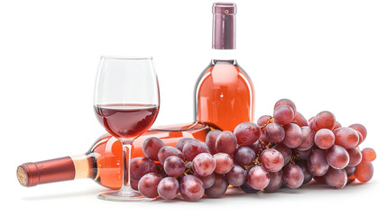 Bottle of wine with glass and grapes. Isolated over white background.