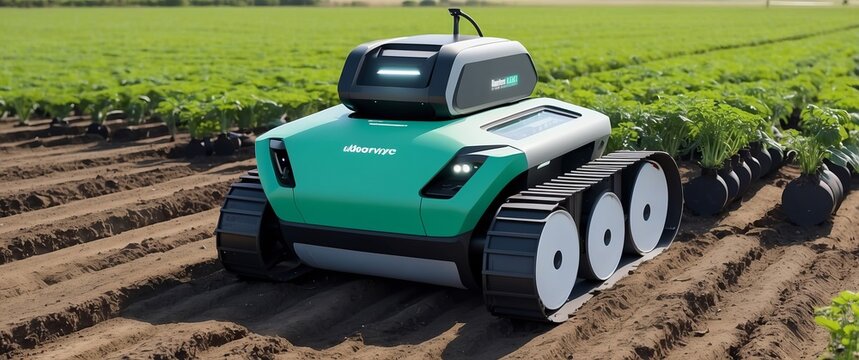 A modern agricultural robot works efficiently among rows of crops, showcasing innovation in farming technology and sustainable cultivation methods.
