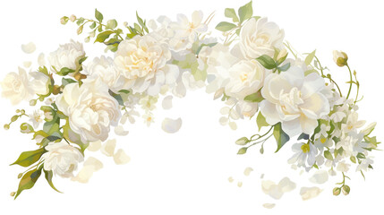 Elegant white floral arrangement with roses and hydrangeas, perfect for weddings, invitations, or home decor. High-quality image. 
transparent background