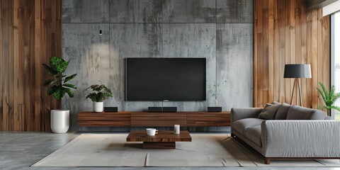 Modern Living Room Interior with Gray Sofa, Wooden Paneling, TV Unit, and Concrete Wall - Loft Design Concept