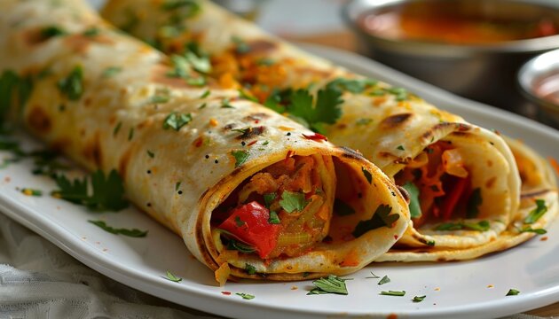 Close-up of a rolled roti with a filling of spiced vegetables, served on a white plate, garnished with fresh herbs