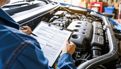 Obraz premium A mechanic examines the engine of a car, inspecting it closely and taking notes on a clipboard