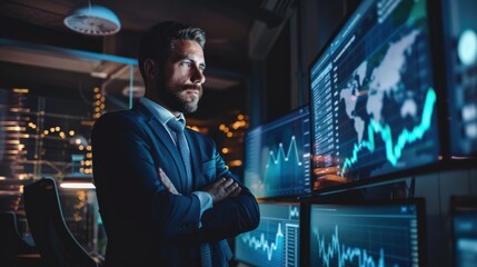 A man in a suit is looking at a computer screen with a lot of numbers and graphs. He is focused and attentive, possibly analyzing data or making a decision based on the information displayed