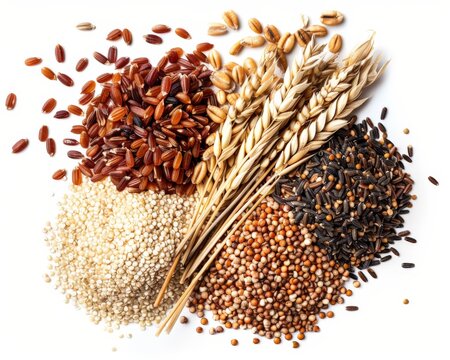 Close-up of a variety of whole grains including quinoa, brown rice, and barley, isolated on white background, detailed and vibrant, healthy eating concept