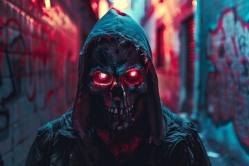 Zombie with glowing eyes and detailed prosthetics, dark alley with graffiti, horror, neon colors, futuristic and dystopian feel