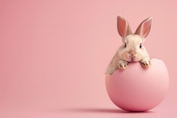 Fototapeta premium Adorable Easter bunny emerging from a pink Easter egg isolation. Generative Ai