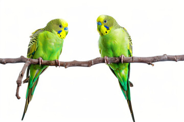 two green parakeets on a branch isolated on white background