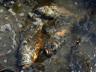Fototapeta premium Close-up of dead fish in polluted water, showcasing environmental harm, with murky and dirty water around