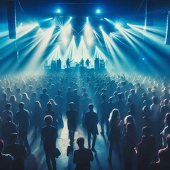 Obraz premium A crowded concert hall with scene stage lights in blue tones, rock show performance.