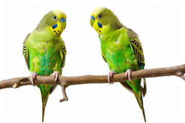 Obraz premium two green parakeets on a branch isolated on white background