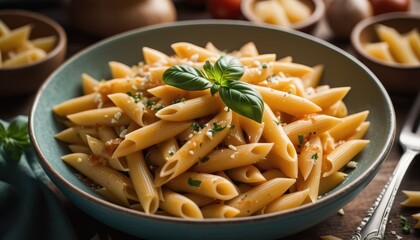 A delicious bowl of penne pasta mixed with a flavorful blend of herbs, garlic, and tomatoes, garnished with fresh basil and Parmesan cheese for an authentic Italian experience