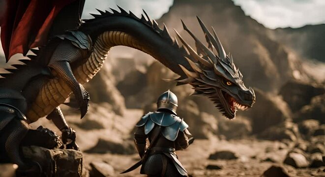 Knight fighting a dragon.