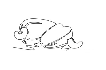 Single one line drawing of whole and half sliced healthy organic cashew apple for orchard logo identity. Fresh Brazil caju fruitage garden icon. Continuous line draw design graphic vector illustration