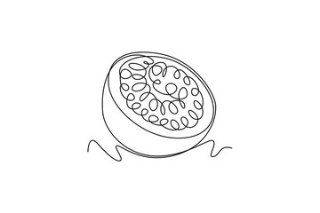 Single one line drawing half sliced healthy organic passion fruit for orchard logo identity. Fresh summer fruits concept for fruit garden icon. Continuous line draw design graphic vector illustration