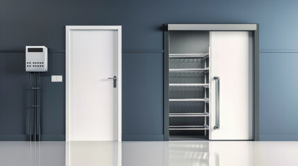 An industrial refrigerated room with a sliding freezer door, showcasing the cold storage environment