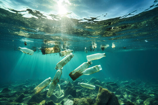 A collection of plastic bottles litter the ocean floor, casting a stark reminder of the human impact on the environment