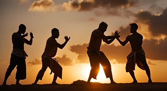 People practicing capoeira at sunset.