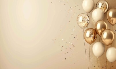 Gold balloons bunch on a pastel wall background