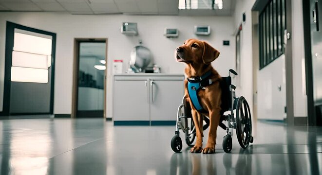 Dog in a wheelchair.