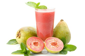 Smoothies guava in glass cup, guava fruit, and leaf mint inside. Isolated on white background.