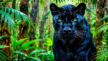 A black panther with piercing green eyes stares intensely from the lush jungle. This striking image showcases the mystery and power of one of the most elusive big cats in its natural environment.. AI
