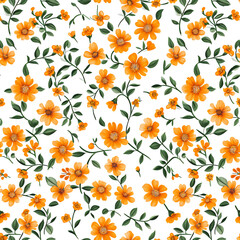 Seamless pattern Orange flowers and leaves swirling isolated on a white background minimalist design