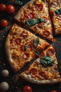 A close-up view of three slices of pepperoni pizza on a black surface sprinkled with various spices. The pizza is topped with melted cheese, red pepperonis, onions, and fresh basil leaves
