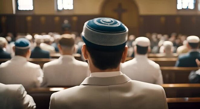 Jewish religious with the kippah in the synagogue.