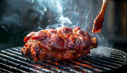 Pork knuckle being basted with marinade on a grill, smoky background, outdoor barbecue setting