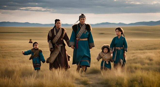 Mongolian family in the Mongolian countryside.
