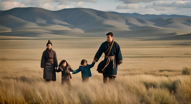 Mongolian family in the Mongolian countryside.