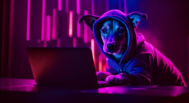 Hacker dog with a laptop.