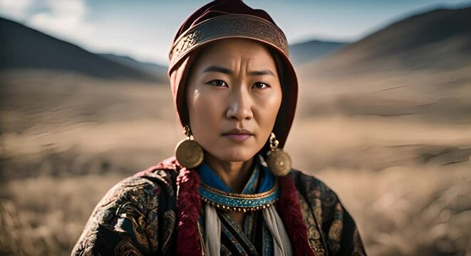 Mongolian woman in the Mongolian countryside.